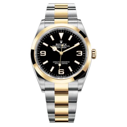 Rolex Explorer 124273 black dial yellow gold bezel two tone