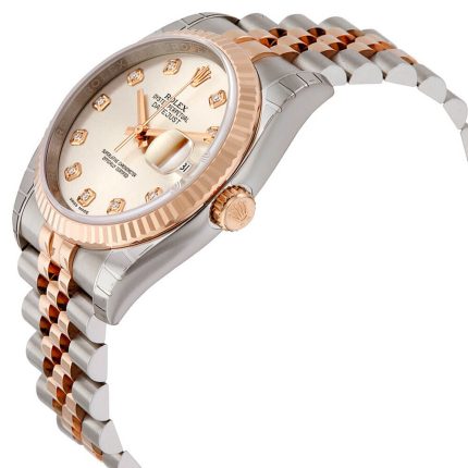 Rolex Datejust 116231 silver diamond dial rose gold fluted bezel two tone side angle view