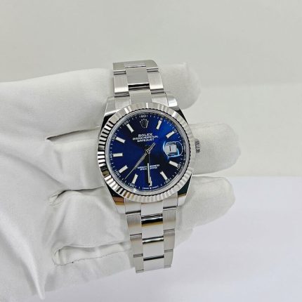 Rolex Datejust 126334 blue dial white gold fluted bezel front view