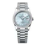 Rolex Day-Date 36mm Platinum Baguette Diamond Bezel Ice Blue Dial President Bracelet 128396TBR-0003
