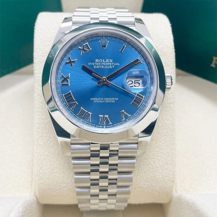 Rolex Datejust 126300 blue Roman dial smooth bezel front view in Rolex box