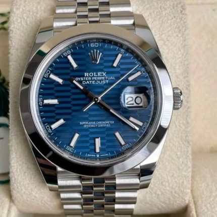 Rolex Datejust 126300 blue motif dial smooth bezel stainless steel close up front view