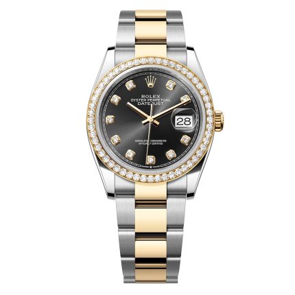 Rolex Datejust 126283 36mm black dial diamond bezel yellow gold and steel Oyster bracelet