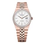 Rolex Land-Dweller 36mm M127285TBR-0002 18k Everose Gold Baguette Diamond Bezel Olive Green Dial President Bracelet